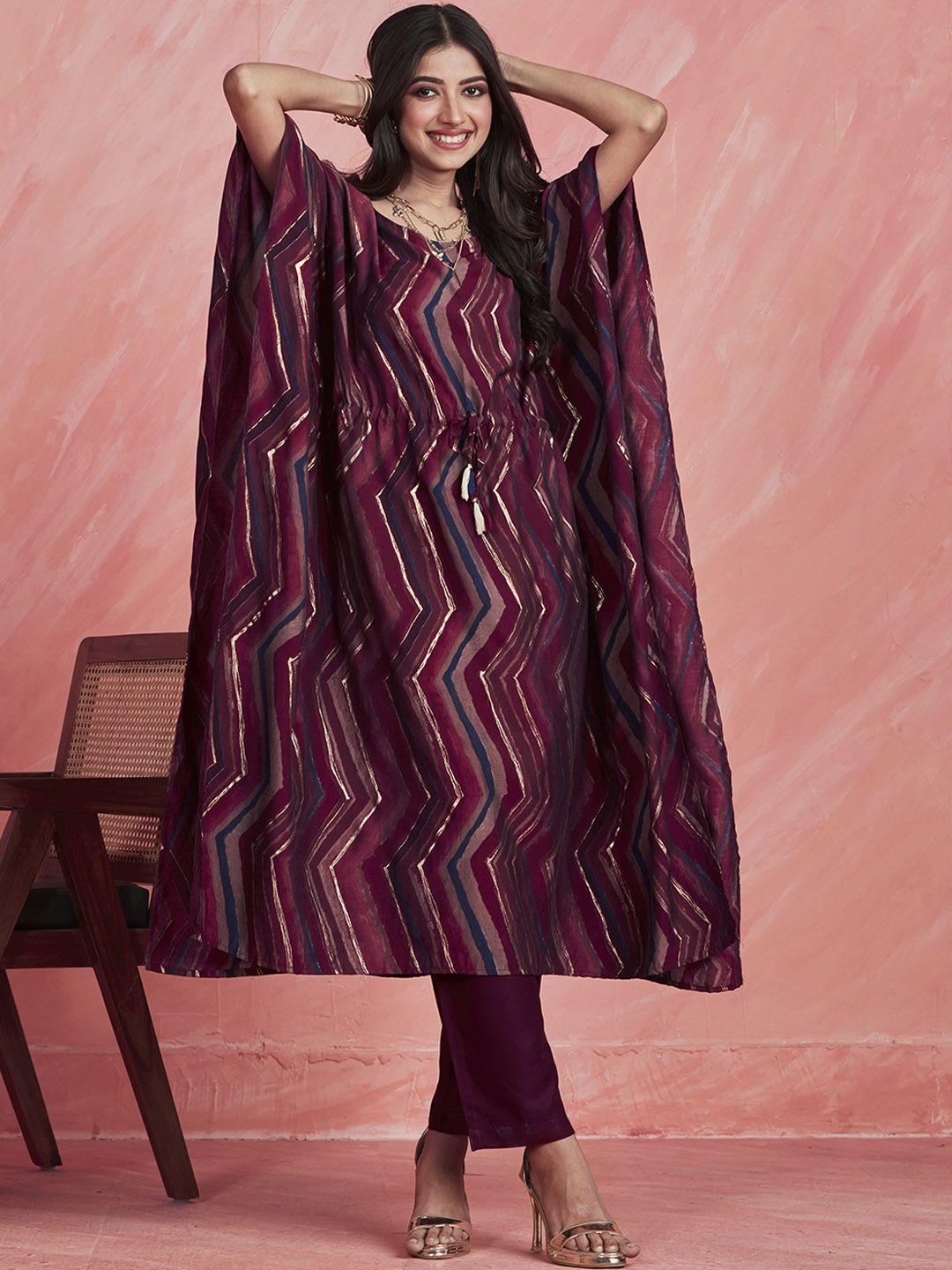 sangria foil-printed kaftan kurta with trouser