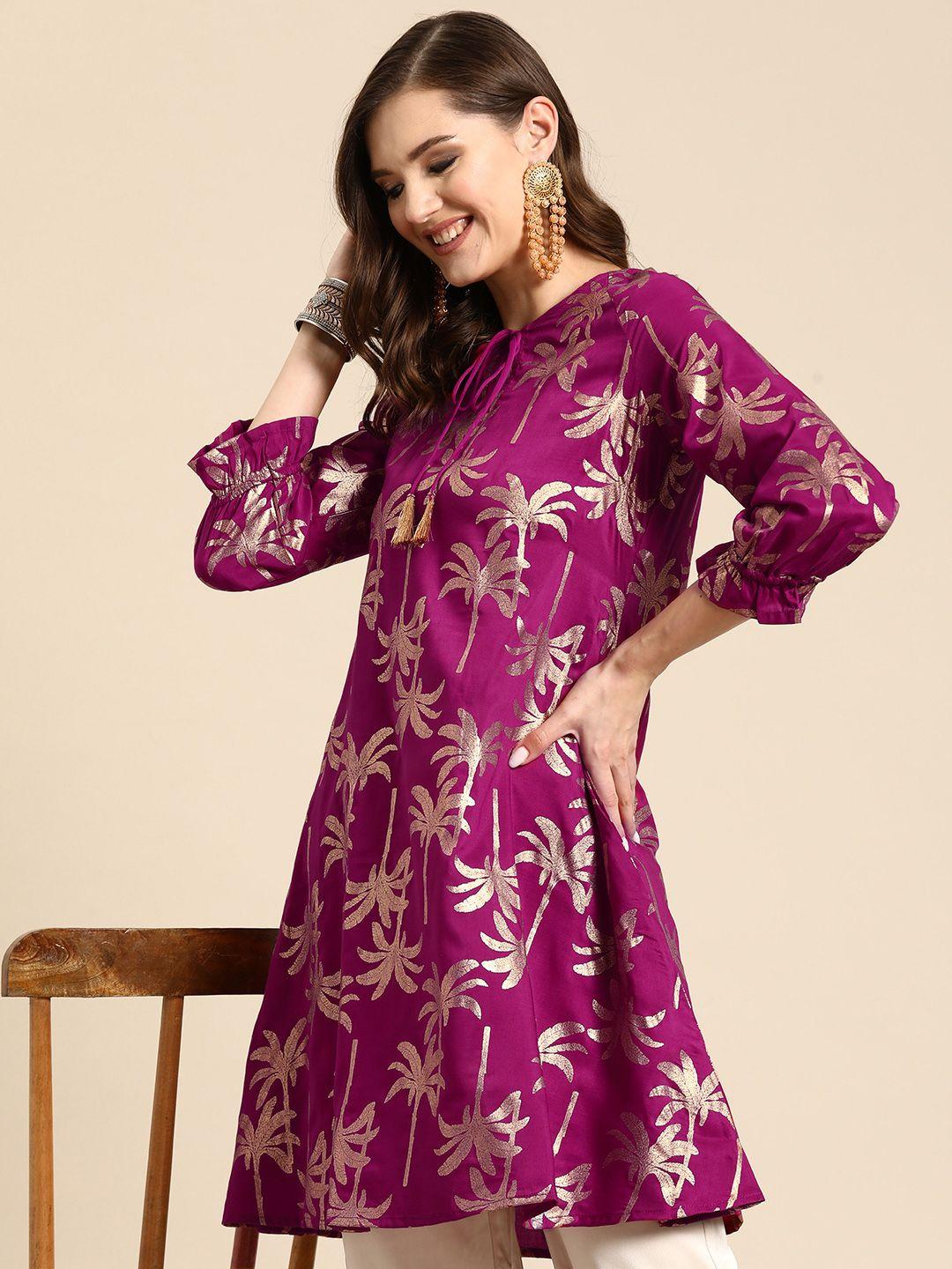 sangria foil printed tie-up neck a-line kurta