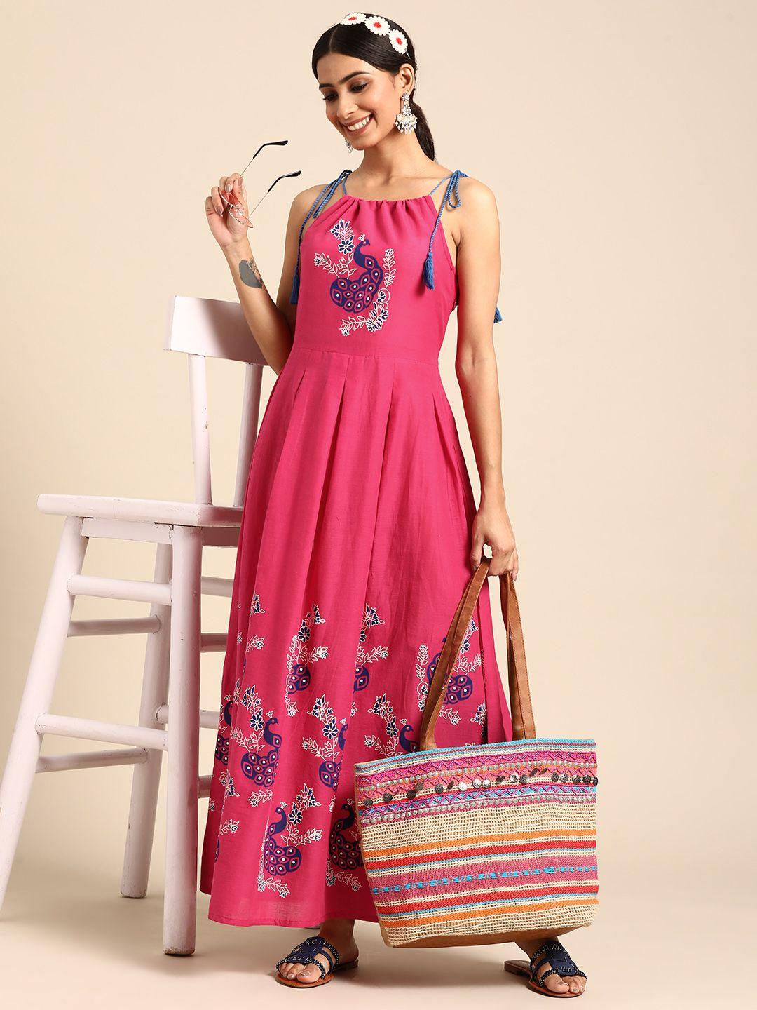 sangria fuchsia & navy blue pure cotton ethnic motifs printed maxi dress