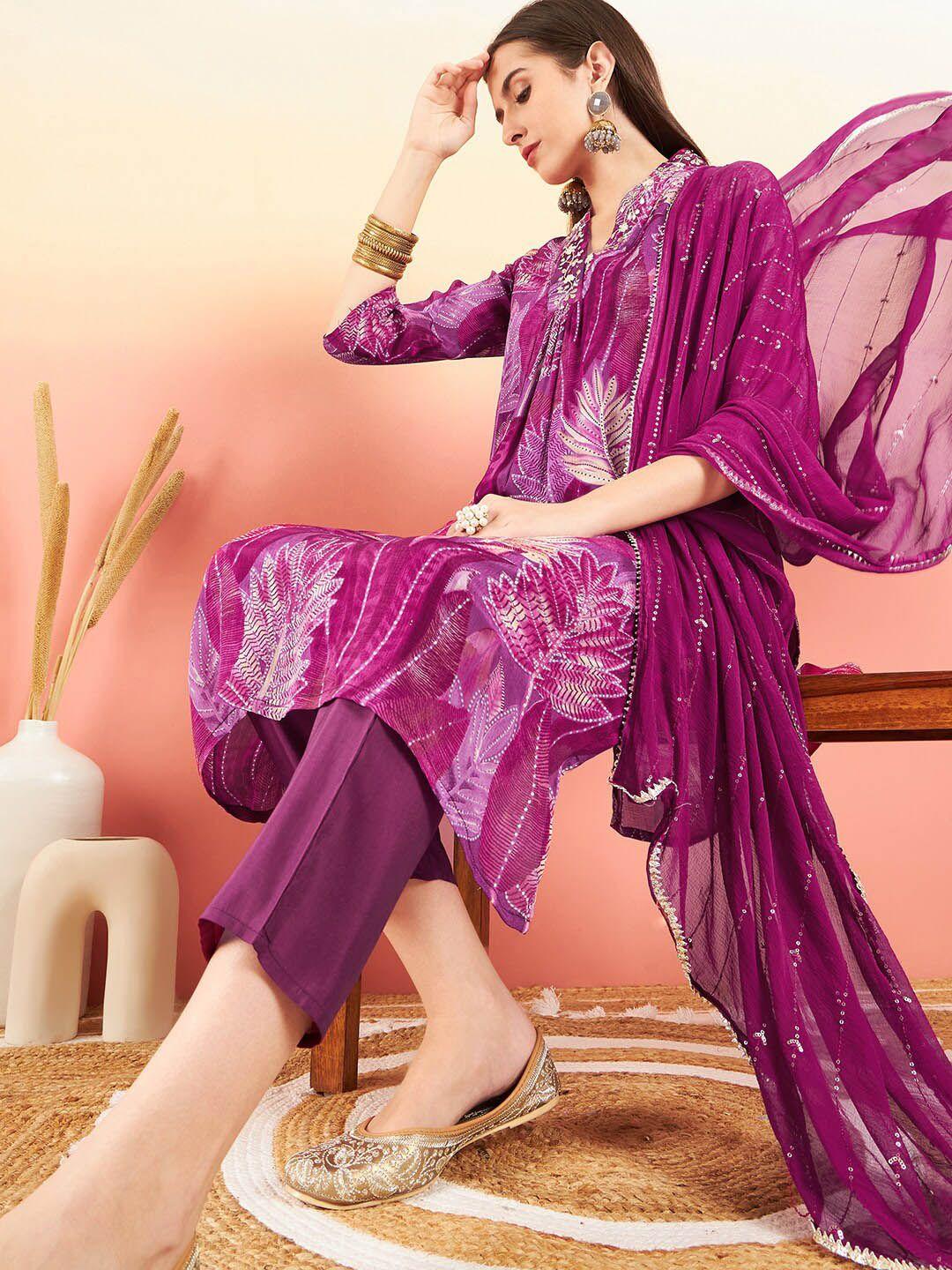 sangria fuchsia floral printed mirror work a-line kurta with trouser & dupatta