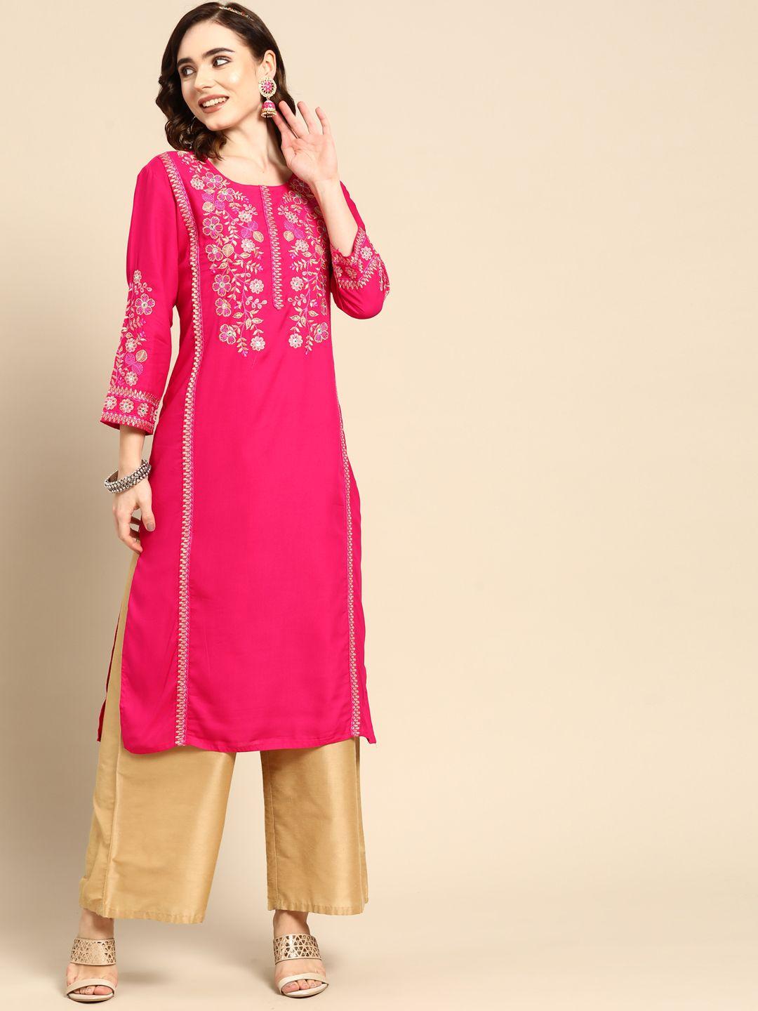 sangria fuchsia pink & mustard yellow embroidered kurta