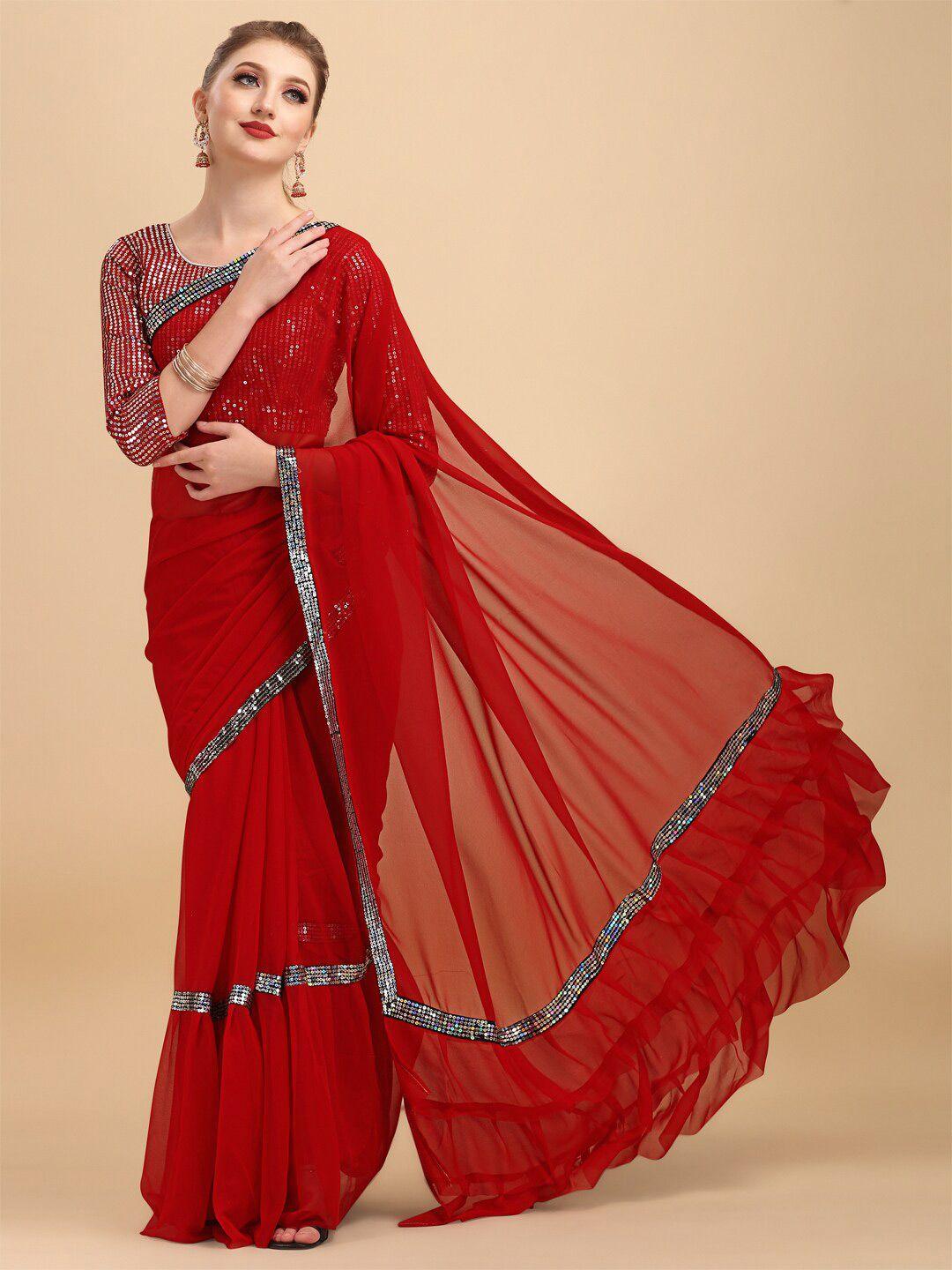 sangria geometric embellished sequinned detail pure georgette ruffled saree
