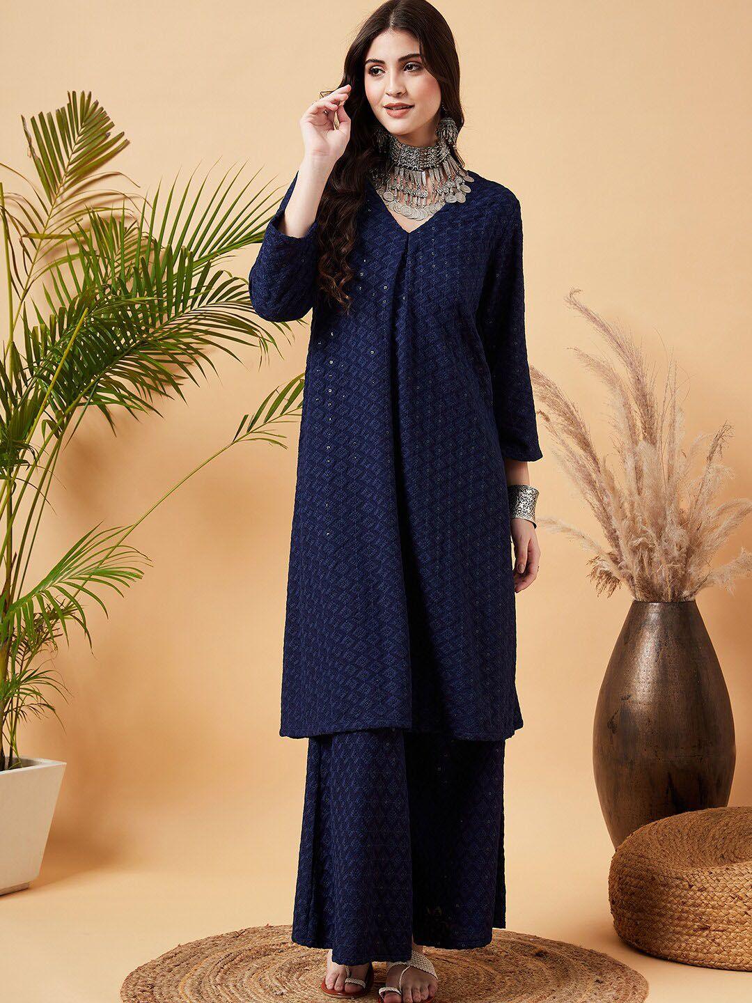 sangria geometric embroidered chikankari sequinned a-line kurta with palazzo set