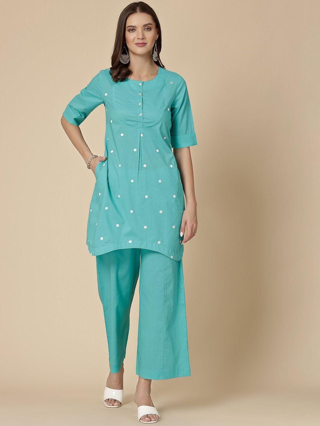sangria geometric embroidered pure cotton a-line kurti with palazzos