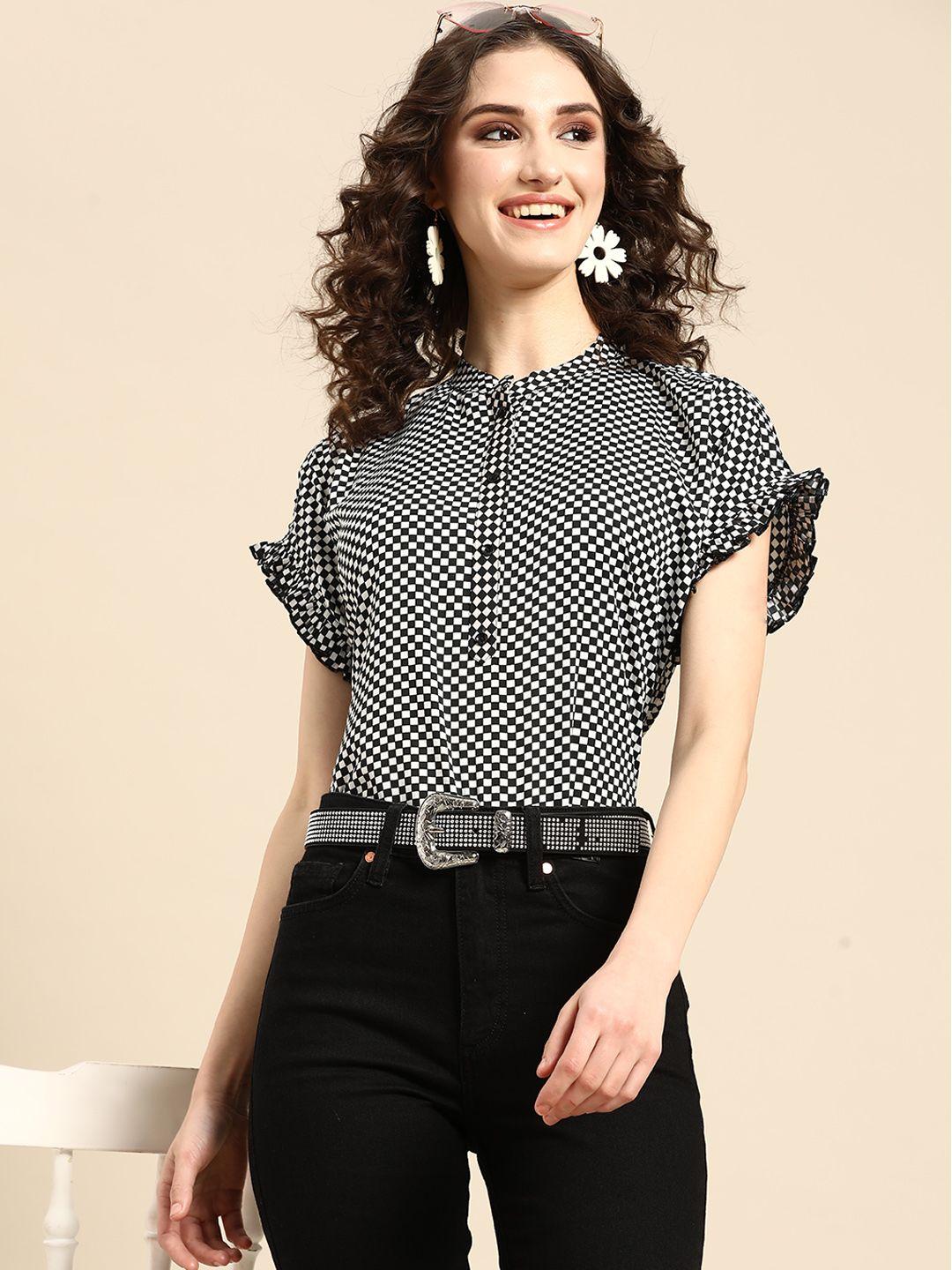 sangria geometric print mandarin collar crepe top