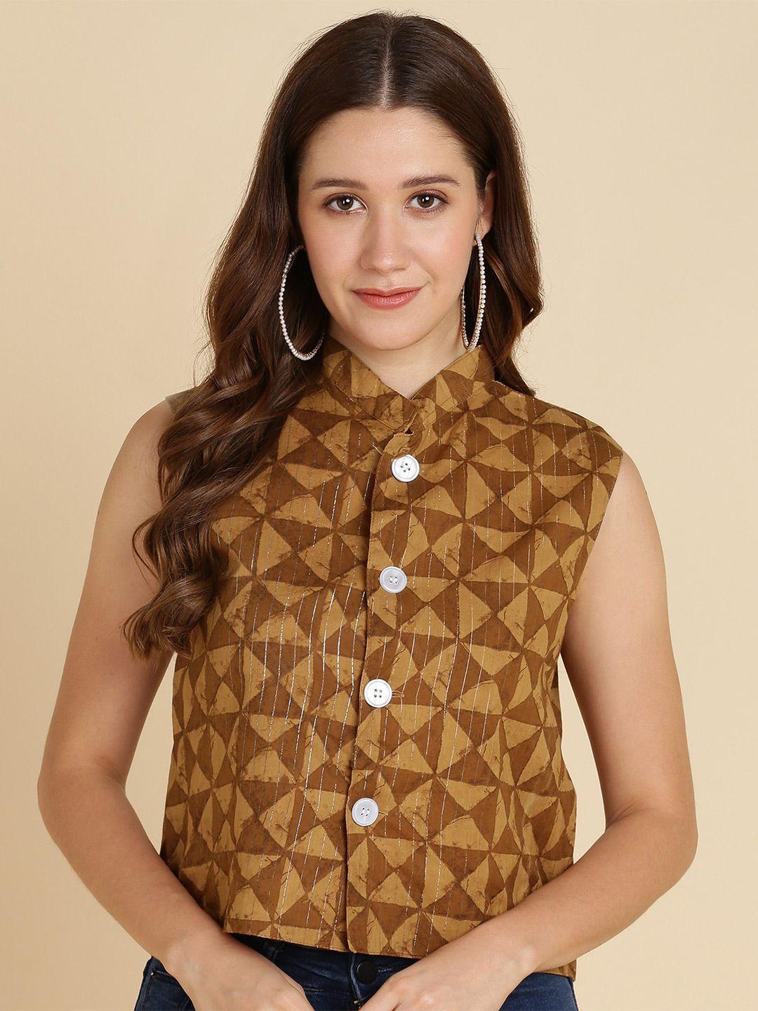 sangria geometric print mandarin collar shirt style cotton crop top