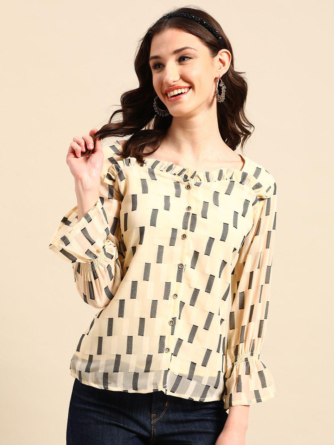 sangria geometric print sweetheart neck bishop sleeves ruffles georgette top