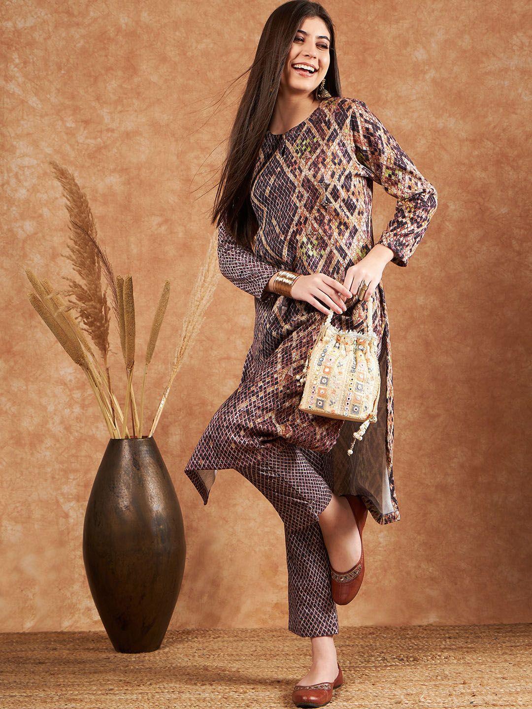 sangria geometric printed beads and stones embellished straight kurta with trousers