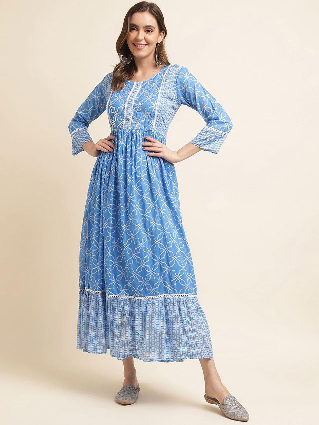 sangria geometric printed cotton fit & flare ethnic dress