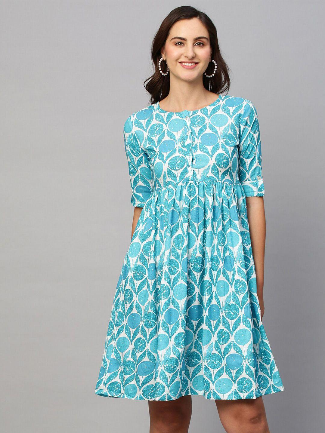 sangria geometric printed gathered or pleated detailed roll-up sleeves cotton a line dress
