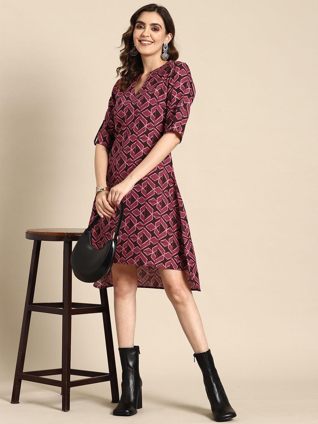 sangria geometric printed high low hem a-line ethnic dress