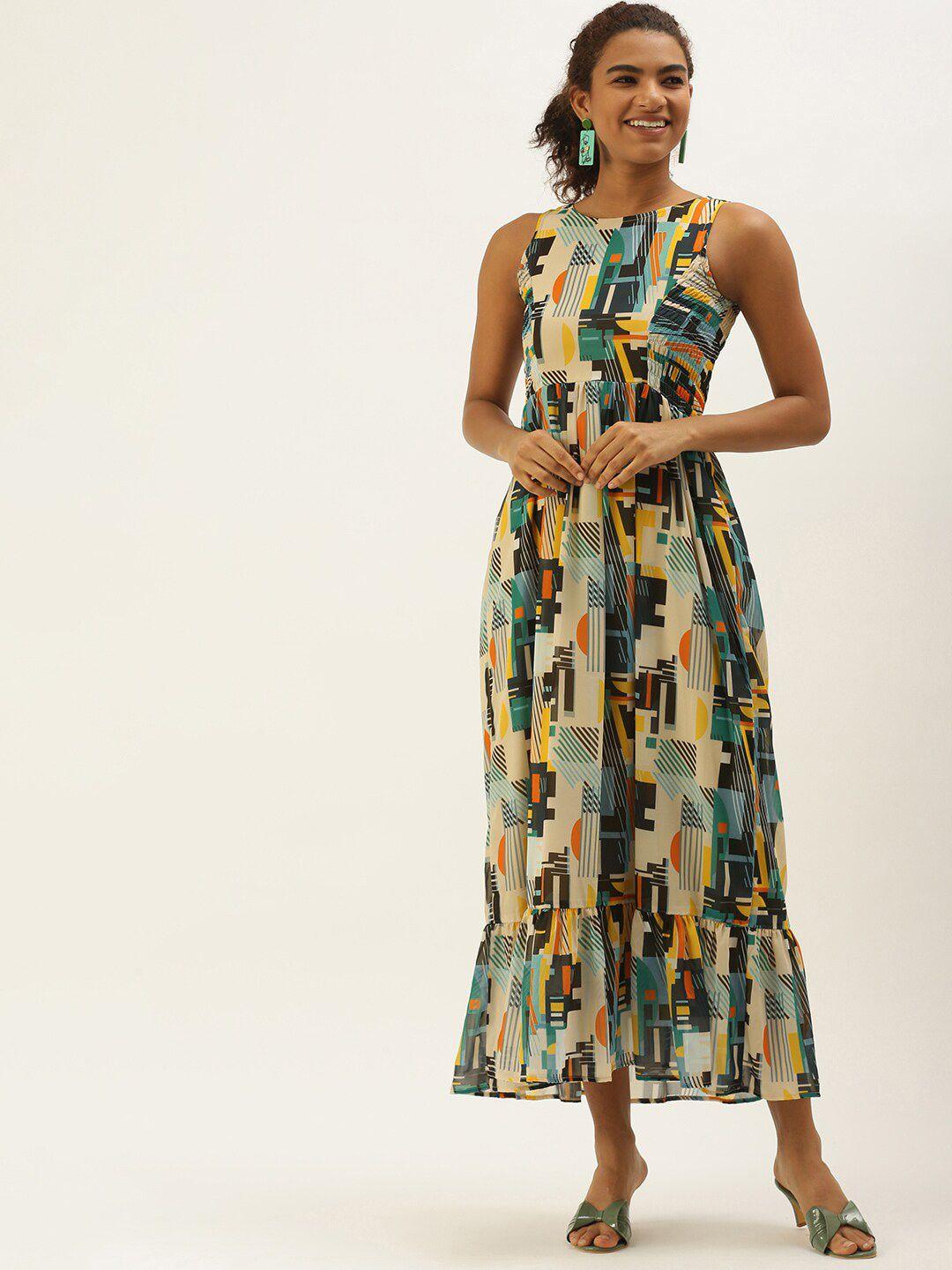 sangria geometric printed maxi shaped dress with smocked detail