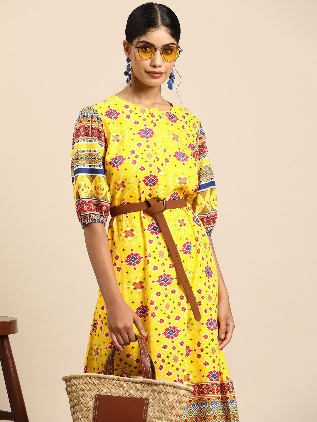 sangria geometric printed puff sleeves a-line kurta