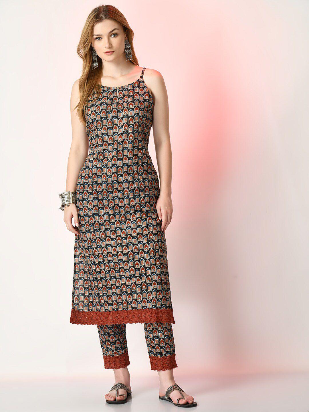 sangria geometric printed pure cotton straight kurta with trouser