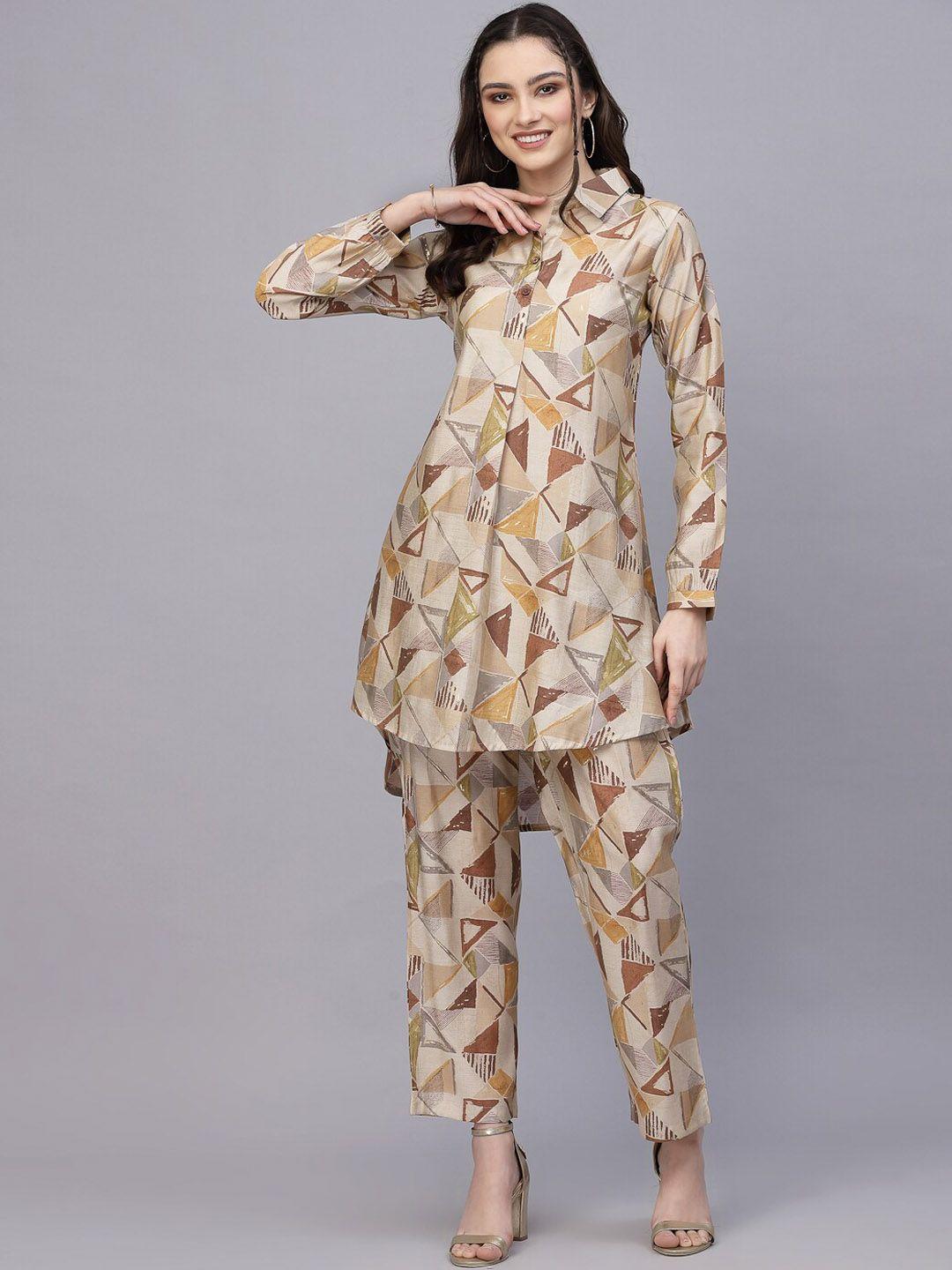 sangria geometric printed shirt collar long sleeves a-line kurta with trousers