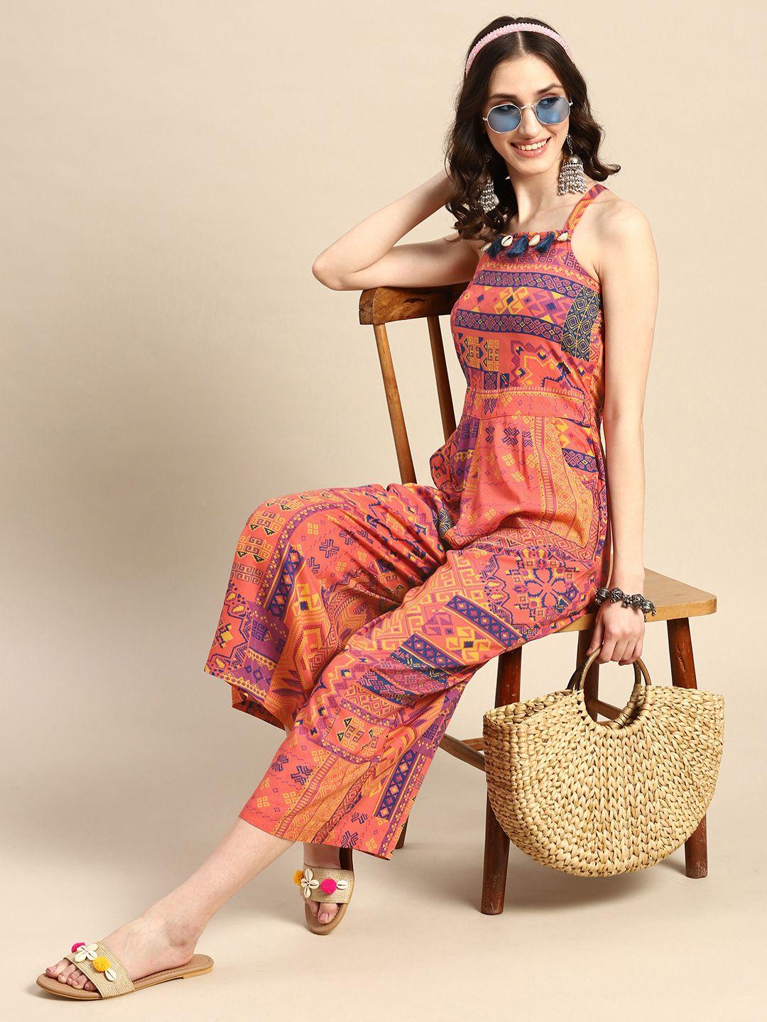 sangria geometric printed shoulder straps ethnic jumpsuit