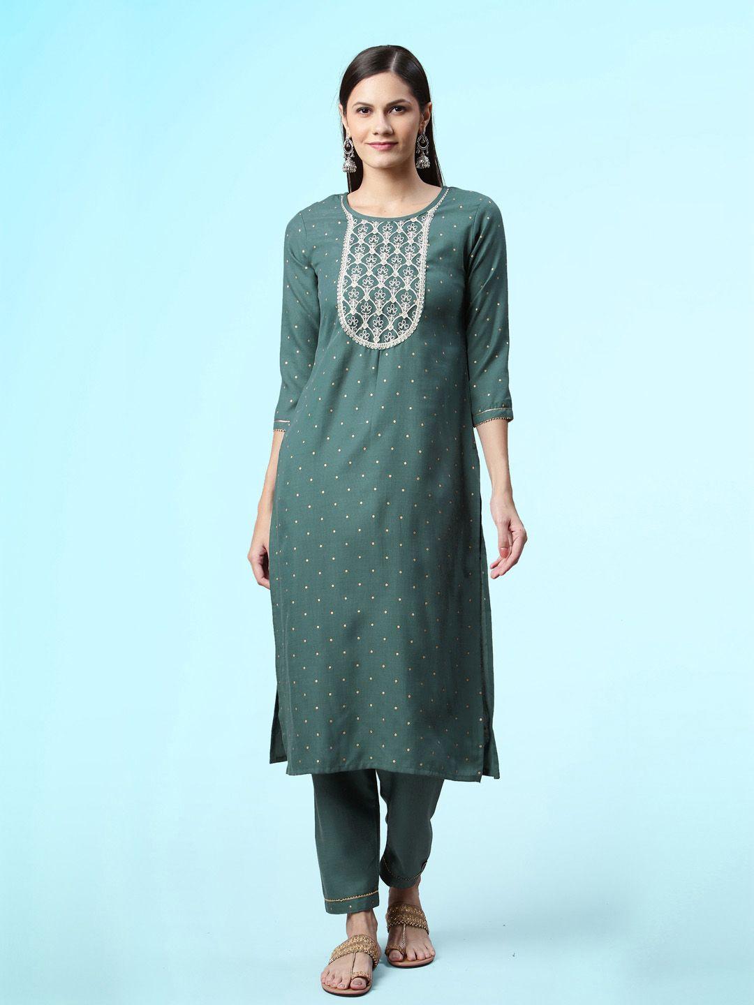 sangria geometric printed thread work straight kurta with trousers