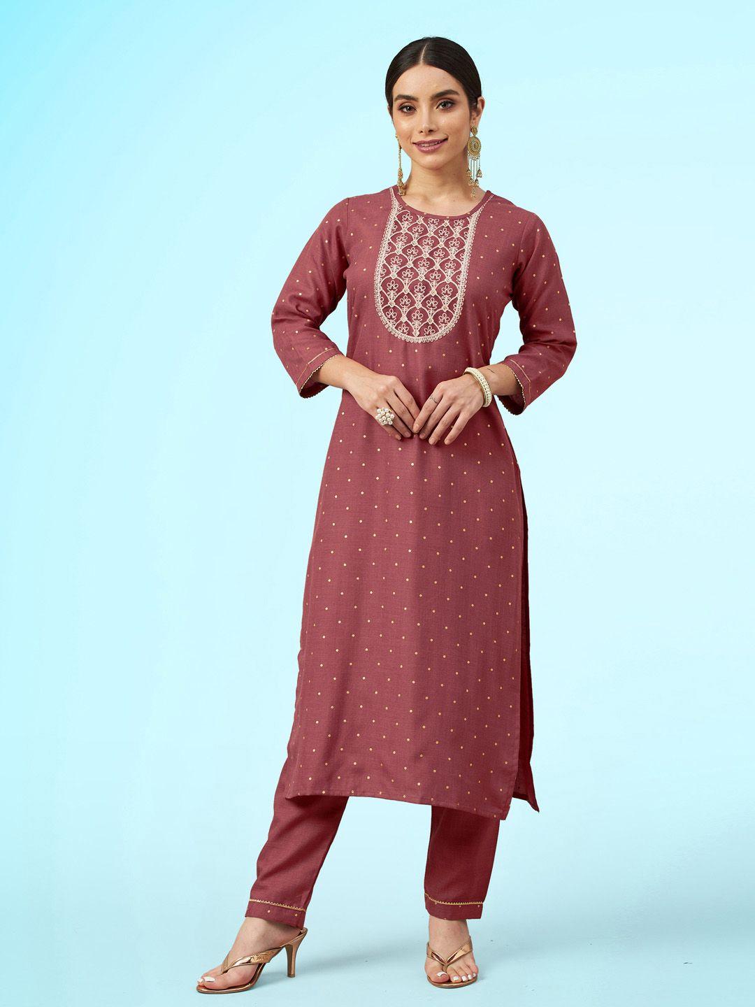 sangria geometric printed thread work straight kurta with trousers