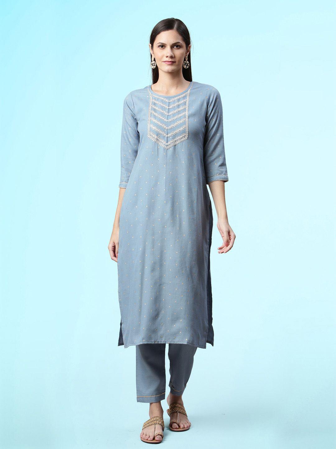 sangria geometric woven design thread work straight kurta & trousers