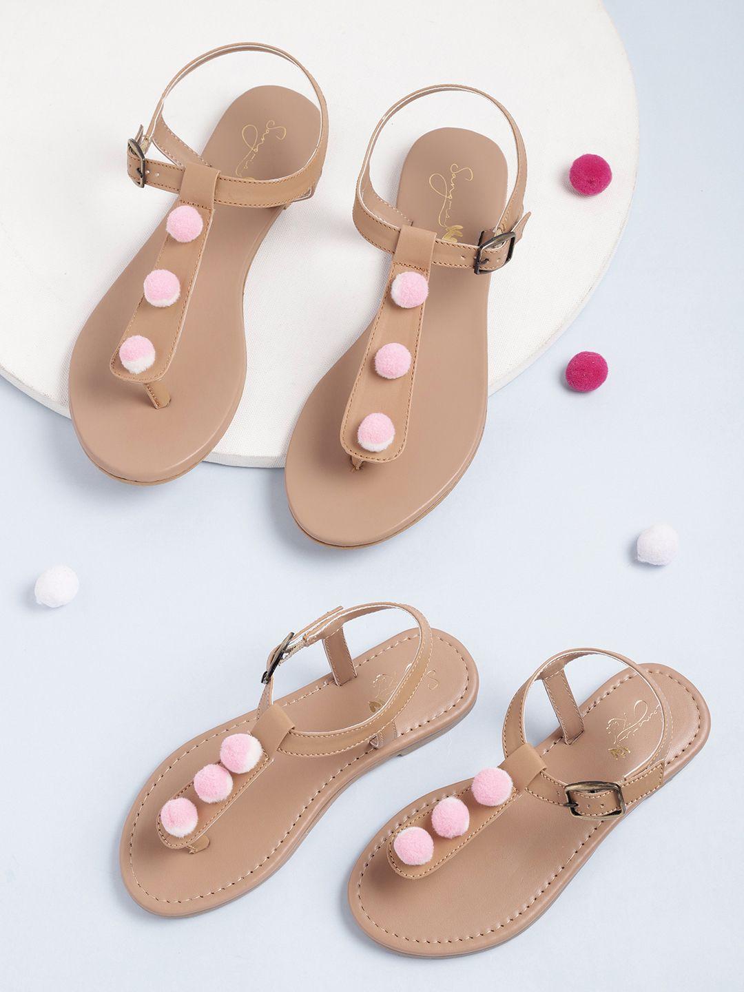 sangria girls beige & pink pom-pom detail t-strap flats