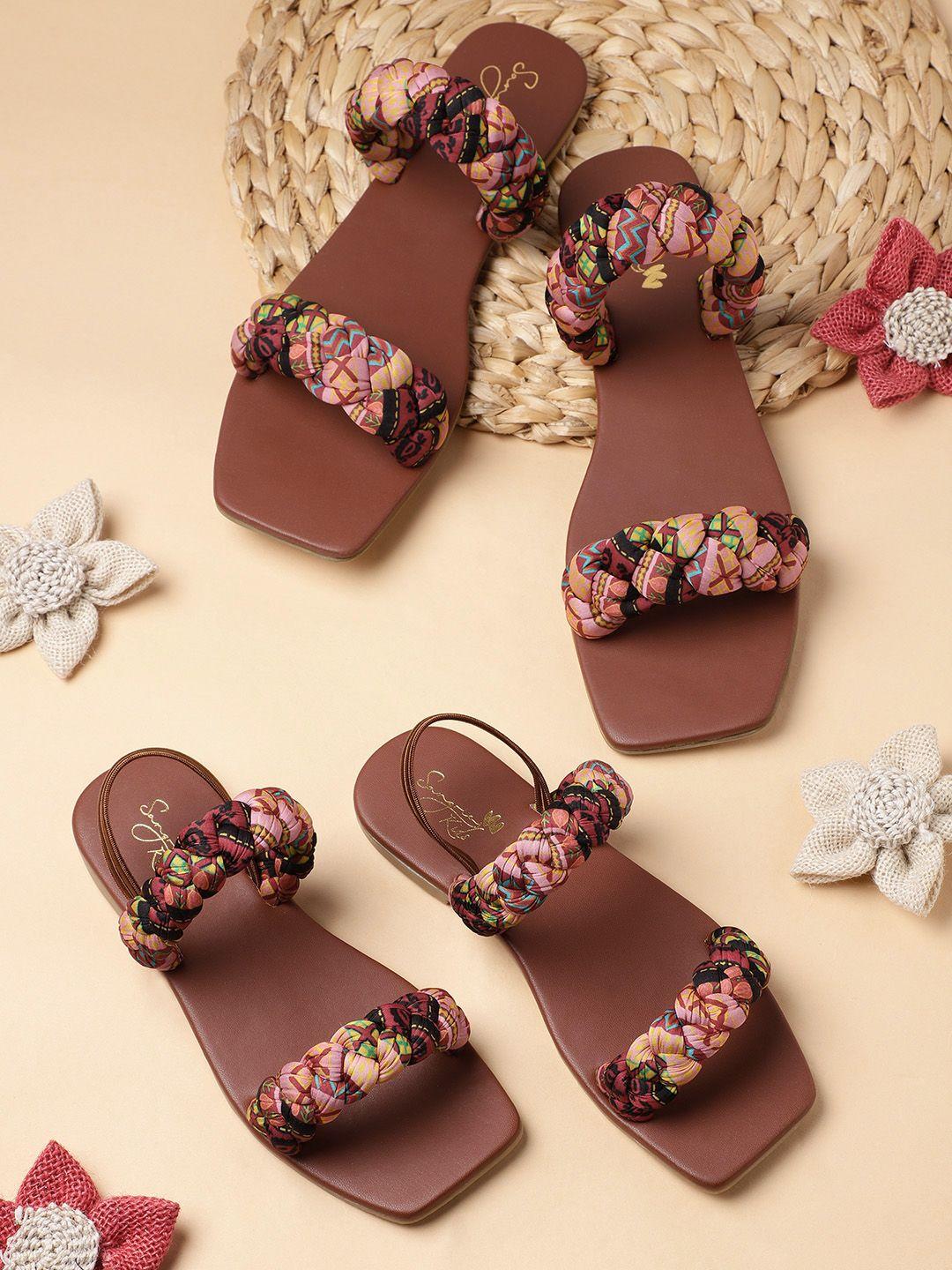 sangria girls brown & pink printed braided open toe flats