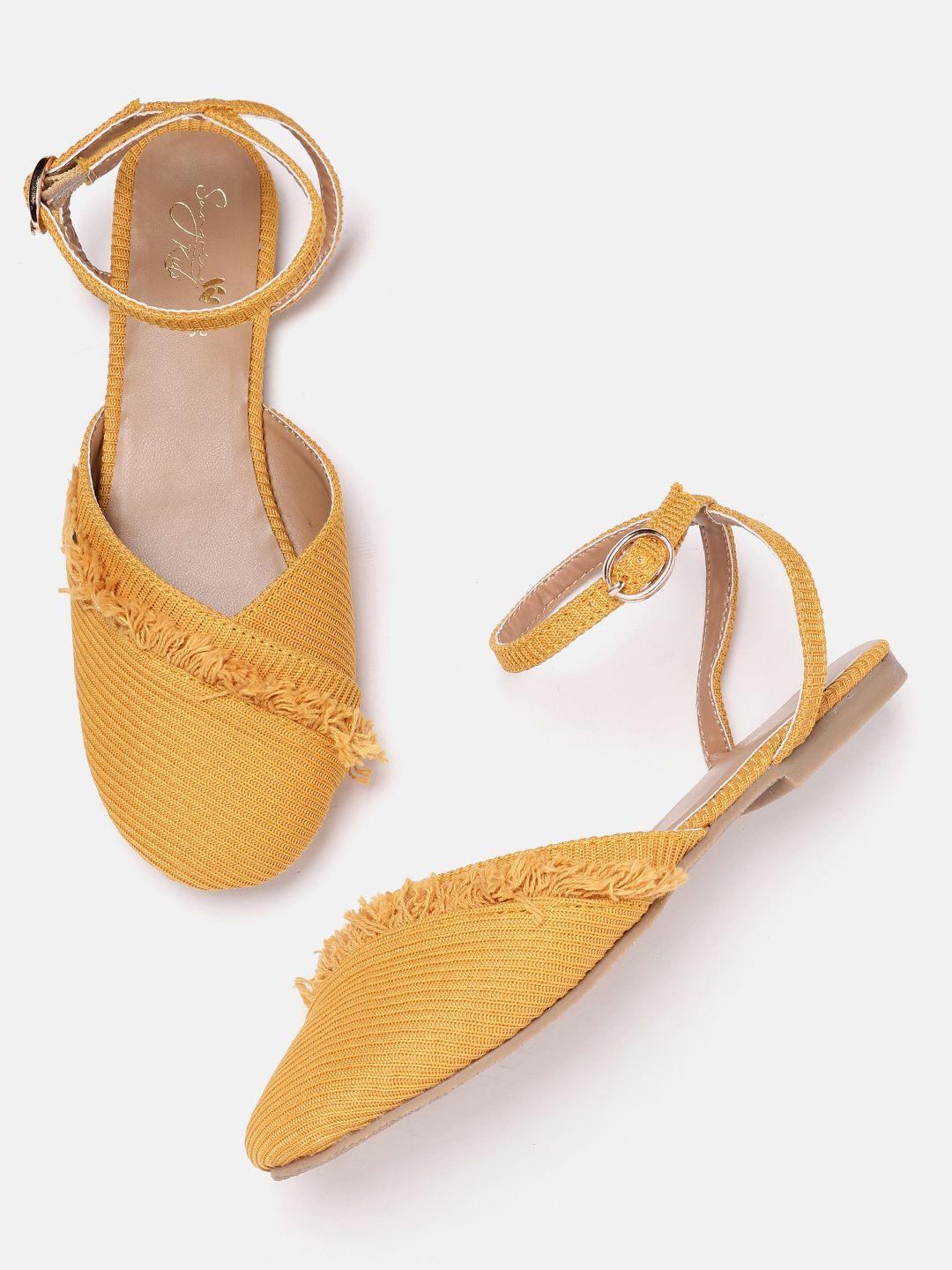 sangria girls mustard yellow self striped fringed mid-top mules