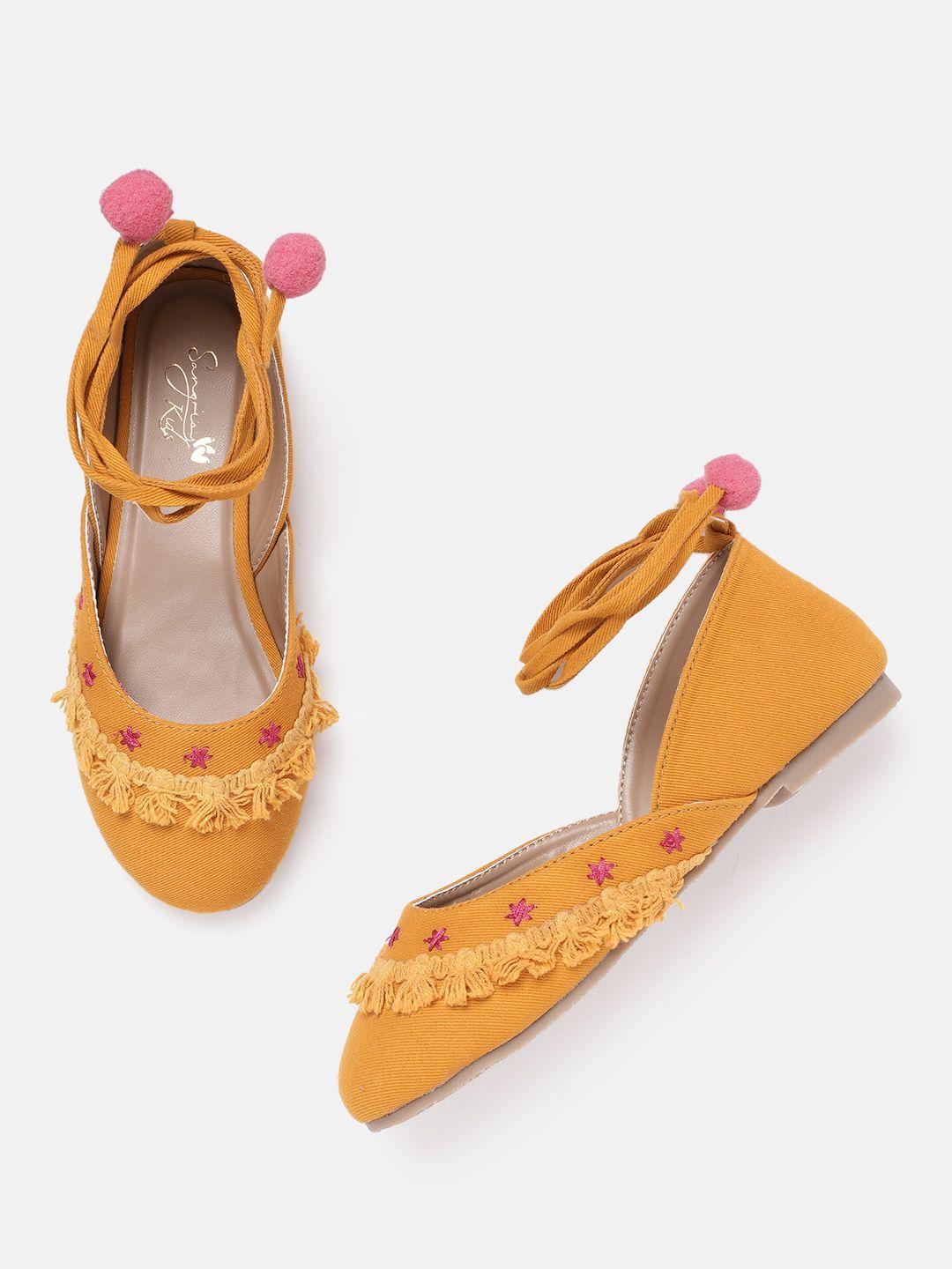 sangria girls mustard yellow woven design ethnic ballerinas with embroidered detail