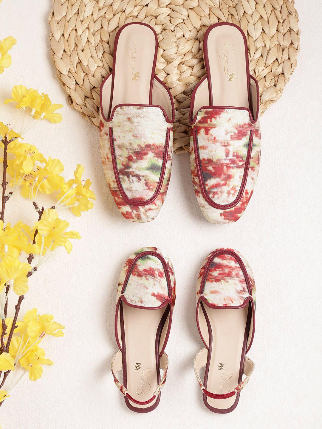 sangria girls off white & maroon abstract print mules