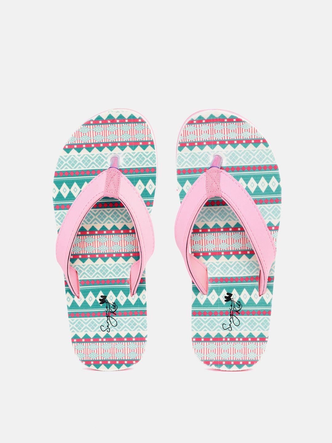 sangria girls pink & green aztec printed thong flip-flops