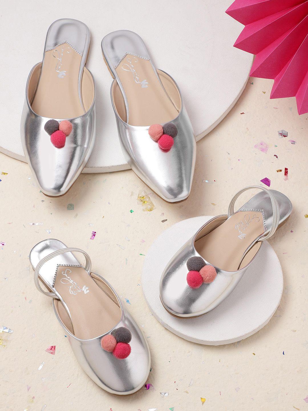 sangria girls silver-toned solid mules with pom pom detail