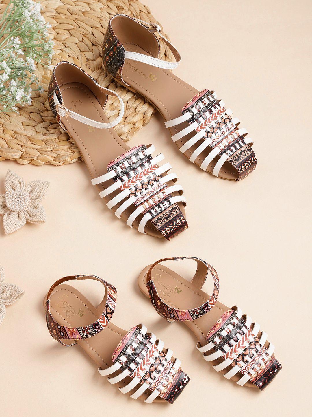 sangria girls white & beige woven design flats with ethnic prints