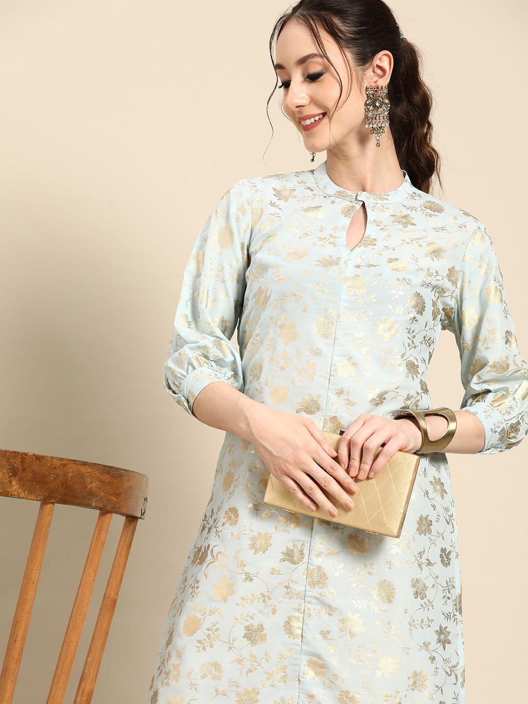 sangria gold-toned foil print detail keyhole neck straight kurta