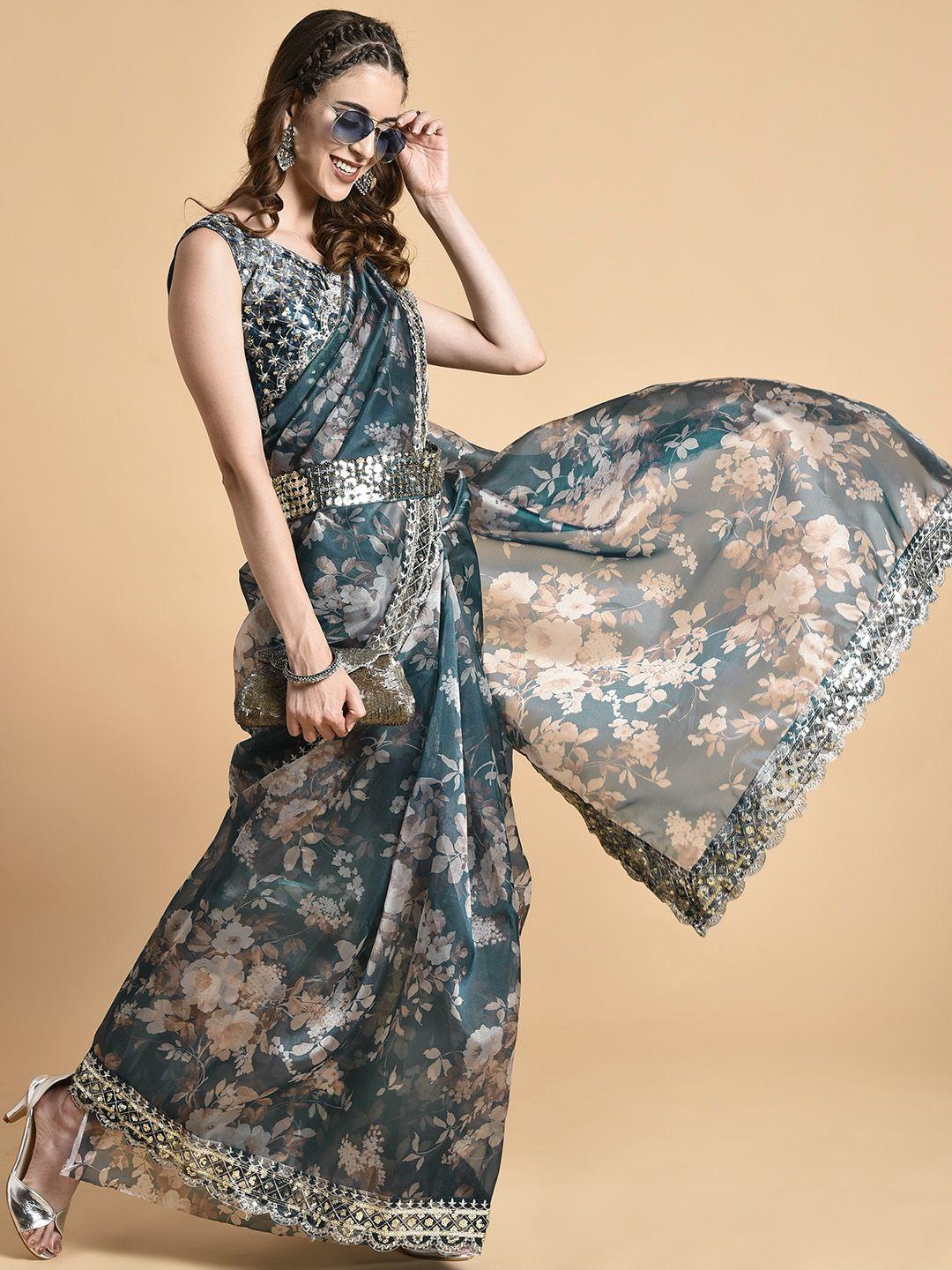 sangria green & beige floral sequinned organza saree