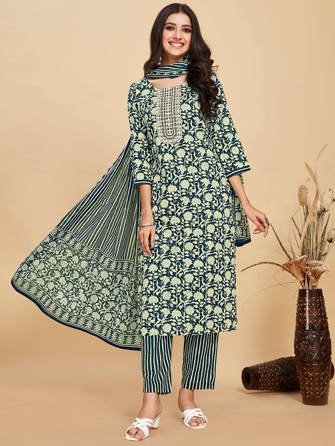 sangria green & beige printed pure cotton straight kurta & trouser with dupatta