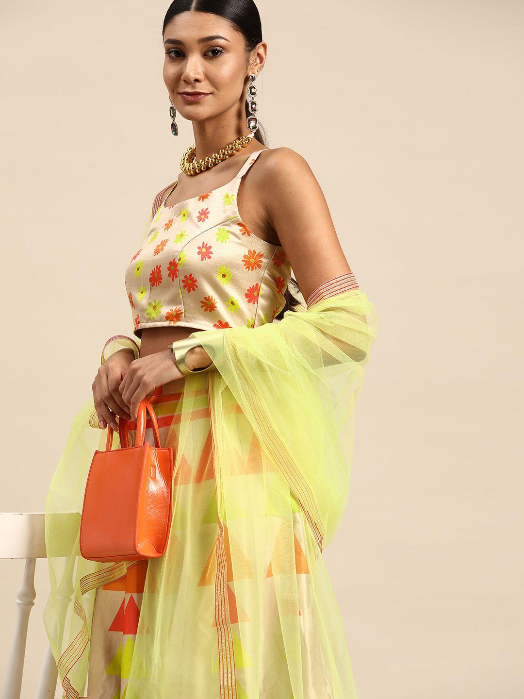 sangria green & beige printed semi-stitched lehenga & unstitched blouse with dupatta