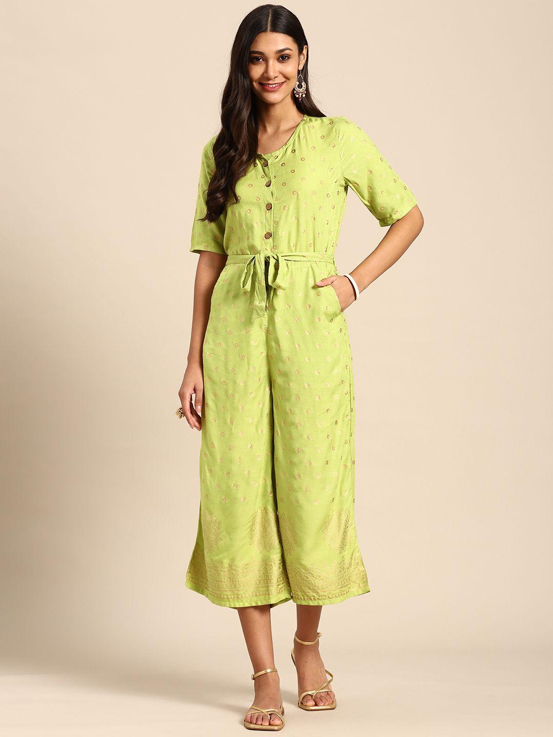 sangria green & gold-toned printed culotte jumpsuit