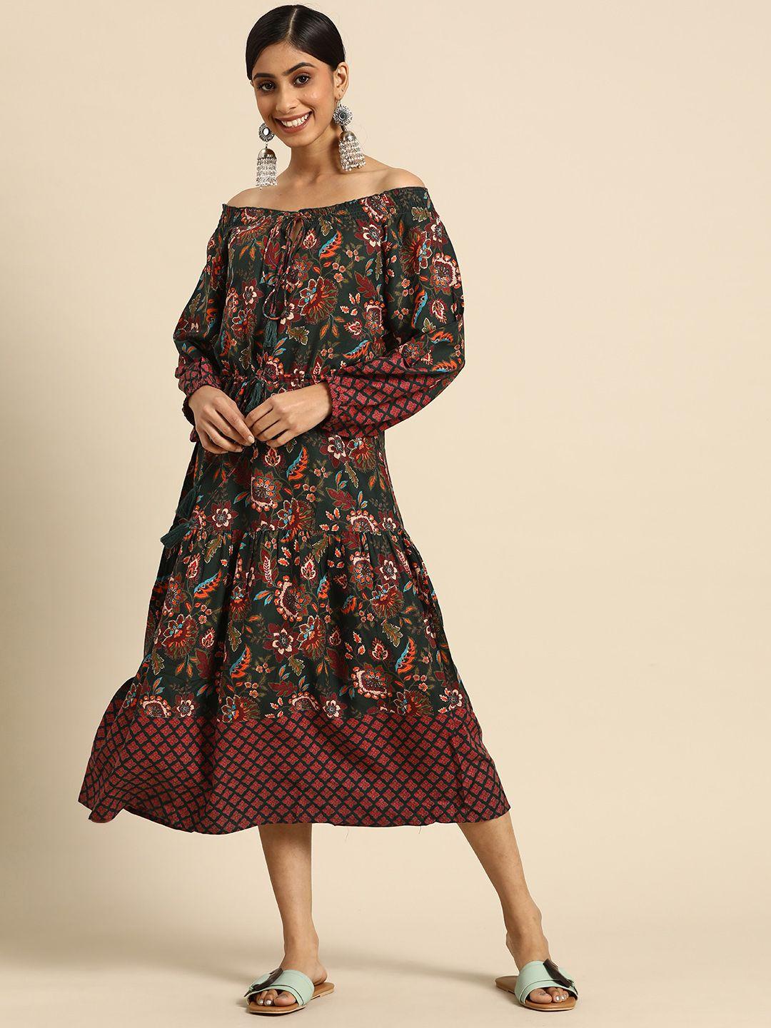 sangria green & maroon floral off-shoulder a-line midi dress