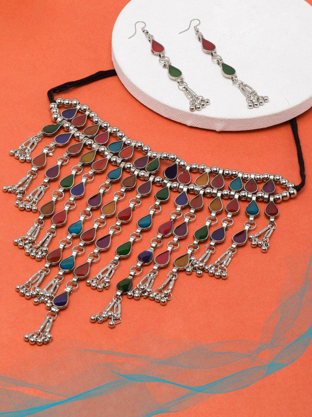 sangria green & maroon silver-plated stone-studded enamelled jewellery set
