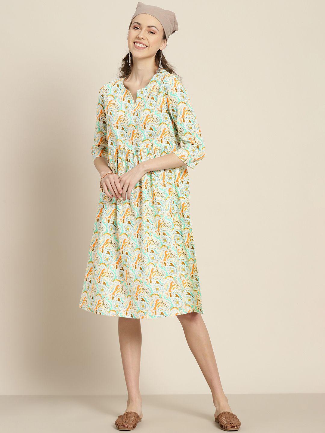 sangria green & orange paisley printed cotton a-line dress