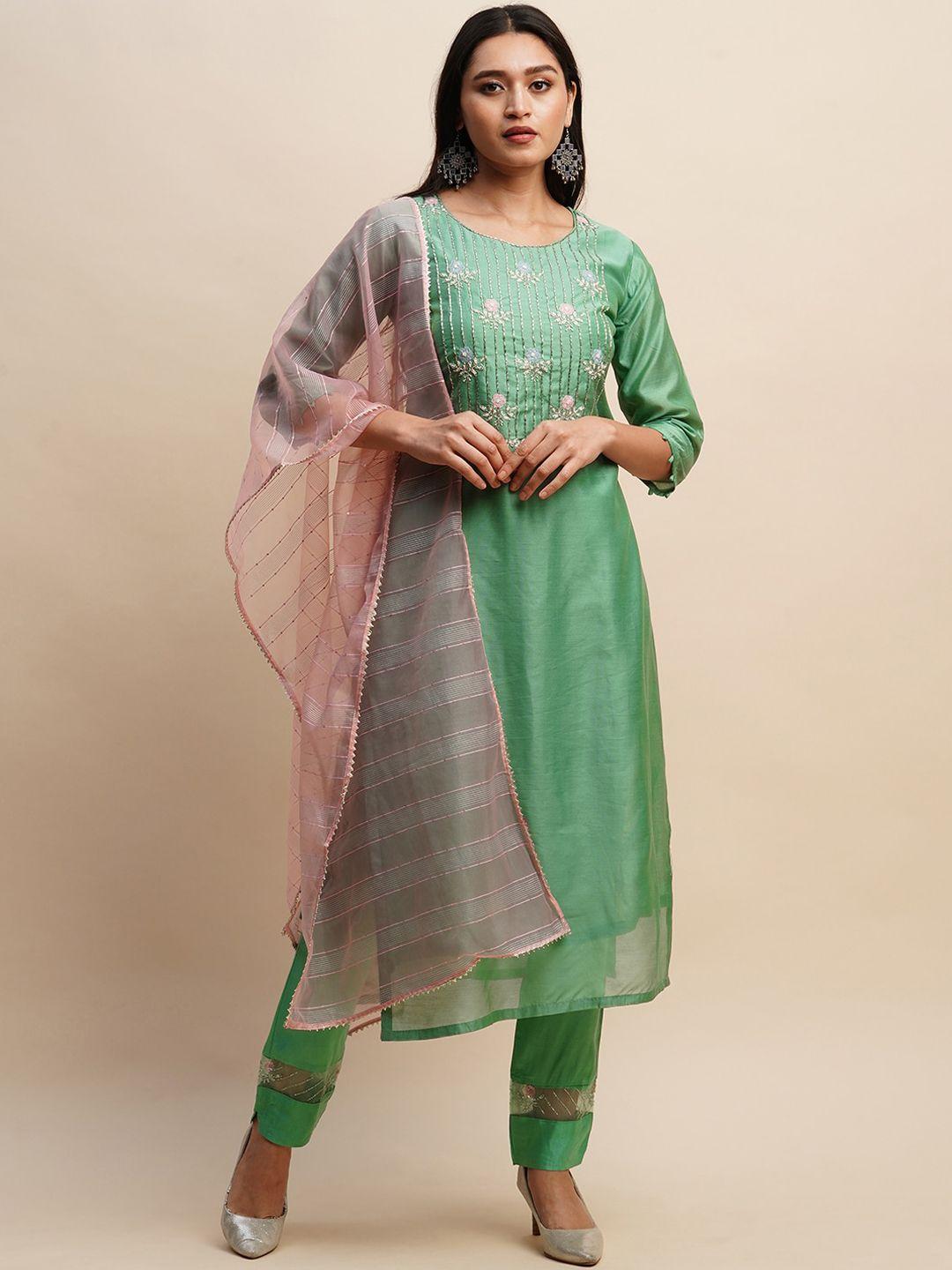 sangria green & pink floral embroidered yoke design straight kurta with trouser & dupatta