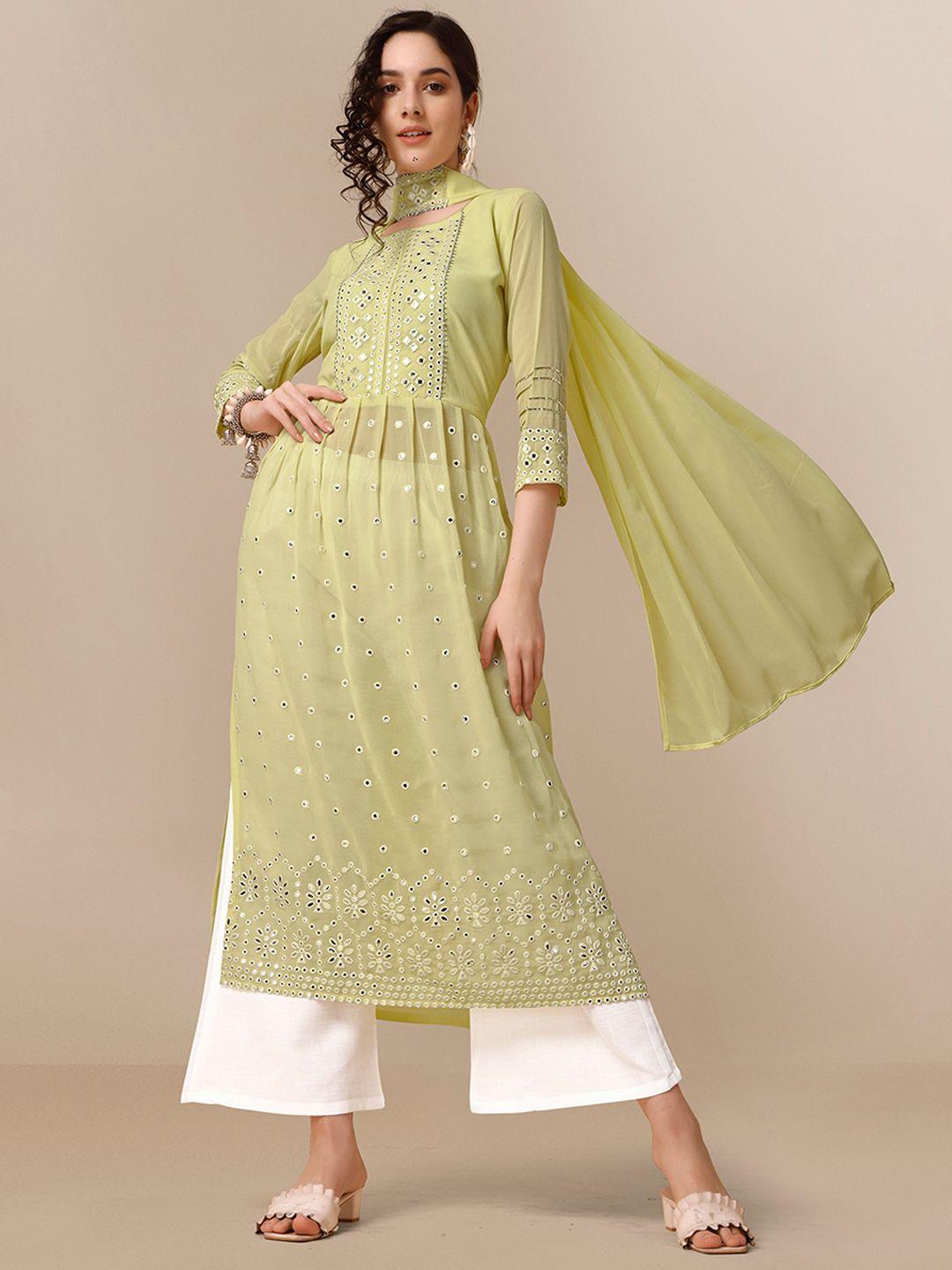 sangria green & white geometric embroidered georgette a-line kurta with palazzos & dupatta