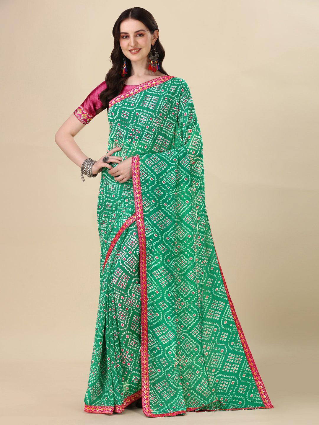 sangria green & white geometric printed pure georgette saree