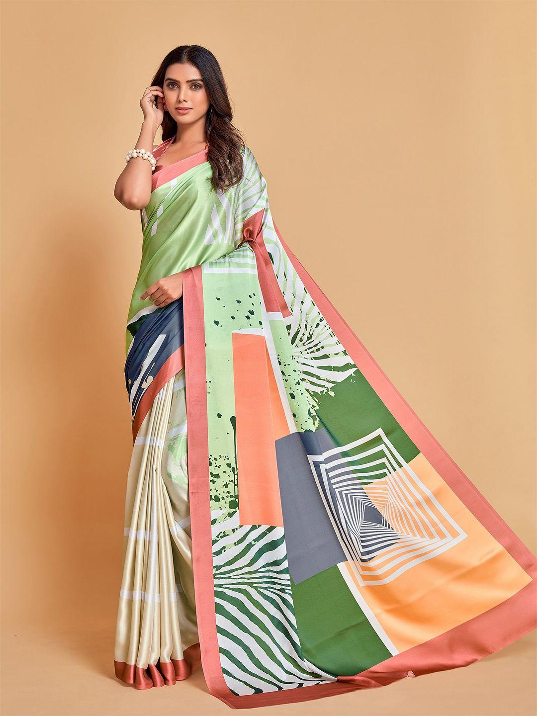 sangria green & white satin printed saree