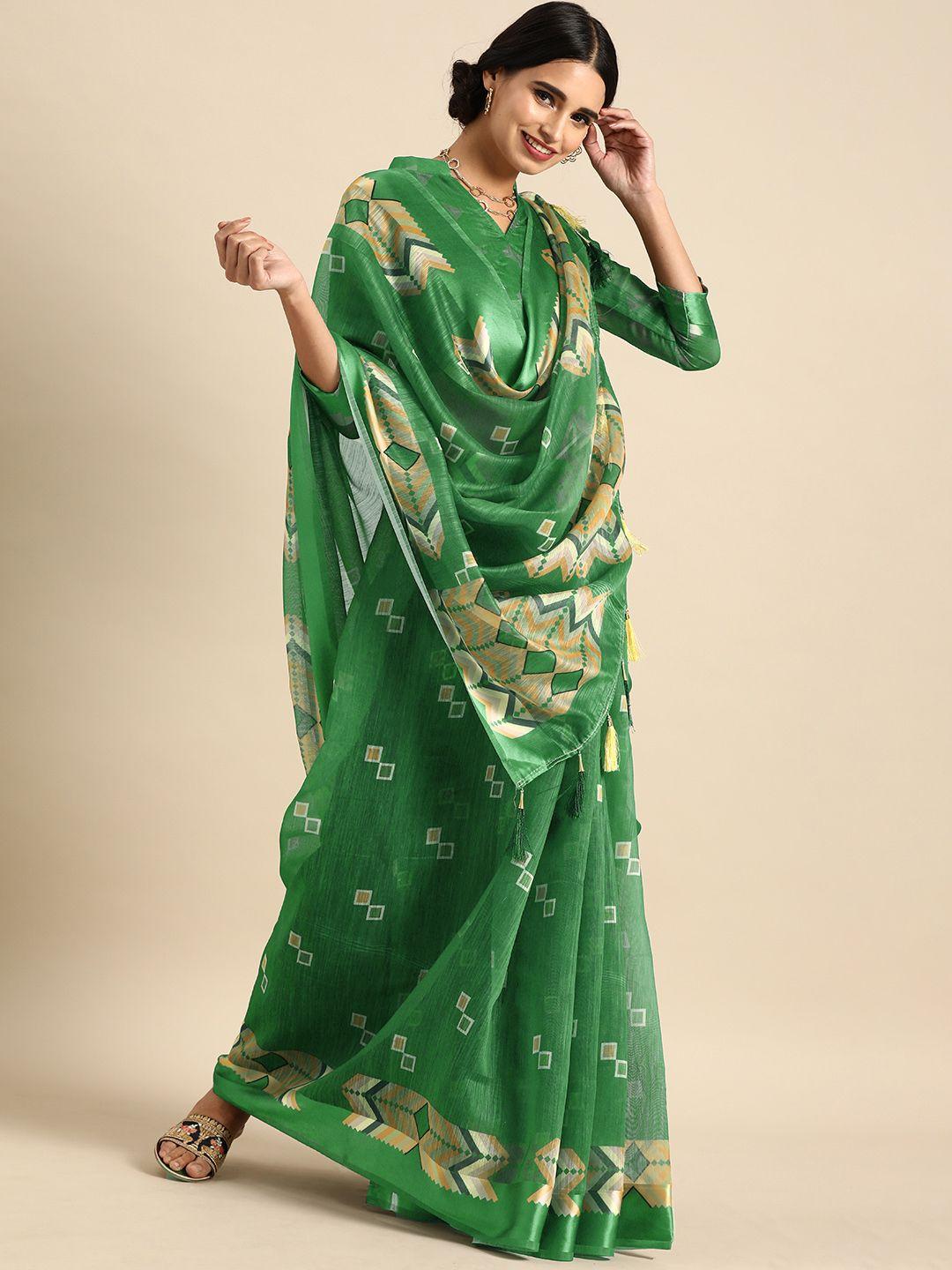 sangria green & yellow geometric printed saree