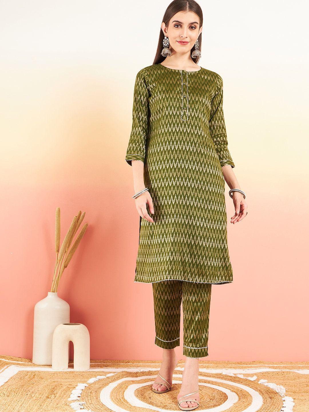 sangria green chevron printed jacquard straight kurta with trouser