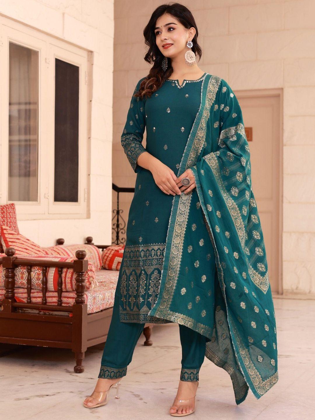 sangria green ethnic motifs embroidered mirror work straight kurta & trousers with dupatta