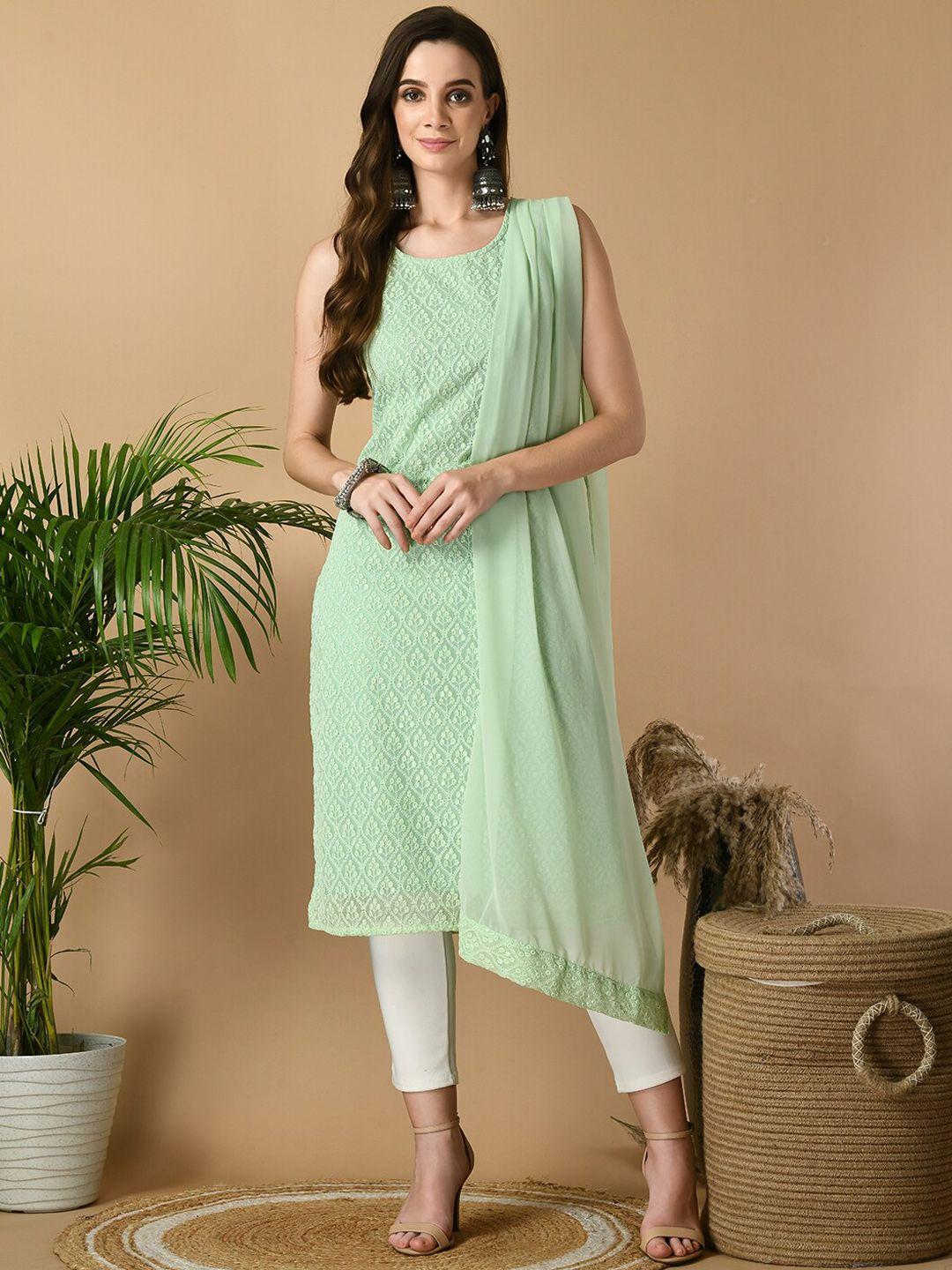 sangria green floral embroidered sleeveless dobby straight kurta with dupatta