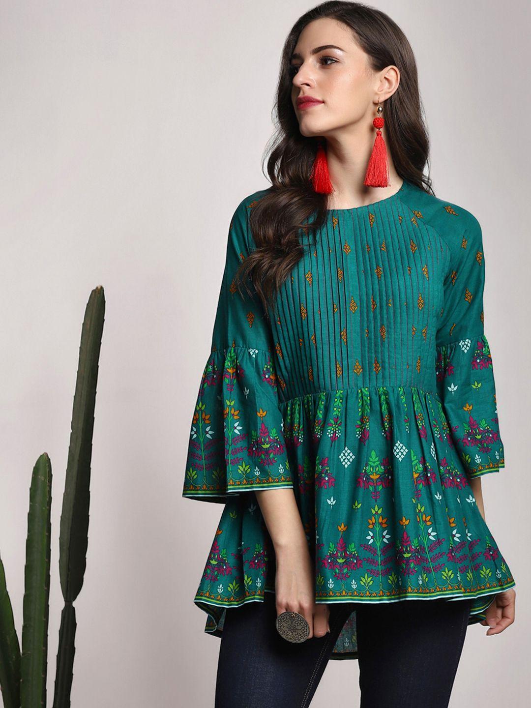 sangria green floral high-low pure cotton top with bell sleeves