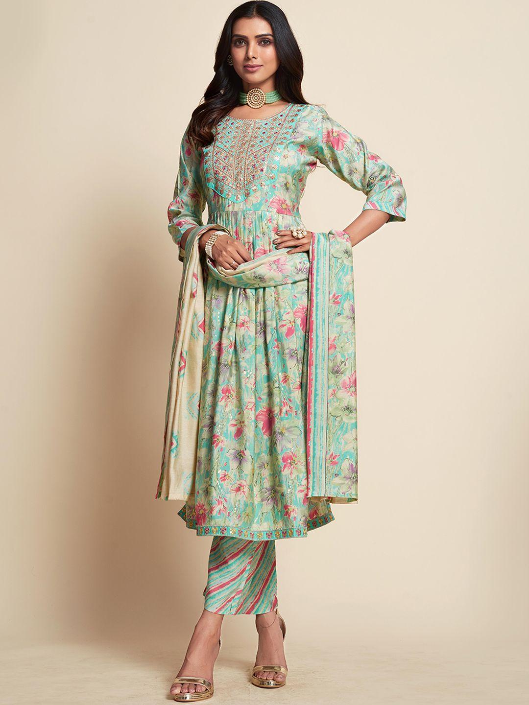 sangria green floral printed sequinned detail empire a-line kurta with trousers & dupatta