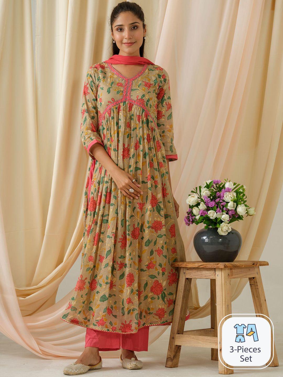 sangria green floral printed sequinned empire kurta with trouser & dupatta